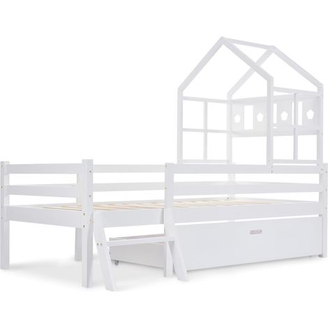 Cama cabaña infantil 90x200 cm blanca con escalera, cajones y somier (1/5)