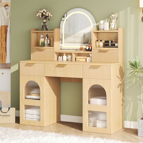 Coiffeuse avec Miroir LED - Table de Maquillage - 3 Tiroirs et 2 Vitrines - 120x40x139.5 cm - Chêne Naturel (1/5)