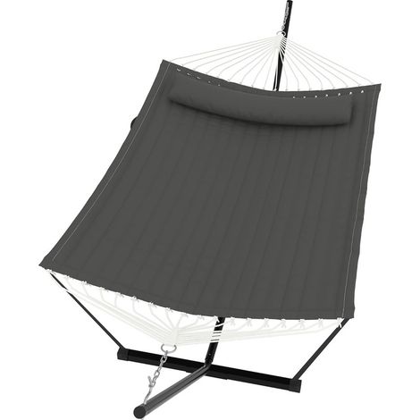 Hamac 2 Places avec Support - Hamac Double avec Oreiller et Corde d'Équilibre - Charge Max 205 kg - Jardin - Gris Foncé (1/5)