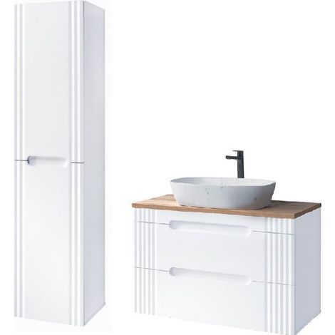 Meuble vasque à poser 100 cm + colonne murale Oceanie White - Livraison gratuite