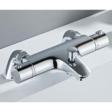 Grifo termostático para baño, grifo termostático para bañera, grifo de ducha con control de temperatura, latón, acabado cromado, montaje para bañera (1/5)