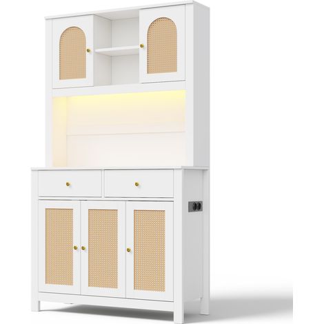 Aparador alto de cocina blanco MDF con LED RGB, enchufes y 2 cajones, 100 x 40 x 180 cm MODENUIT (1/5)