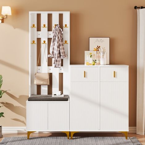 Mueble de entrada con perchero, zapatero y banco – 60,5 cm + 83 cm – Frentes ondulados con apertura por presión – Blanco y dorado (1/5)
