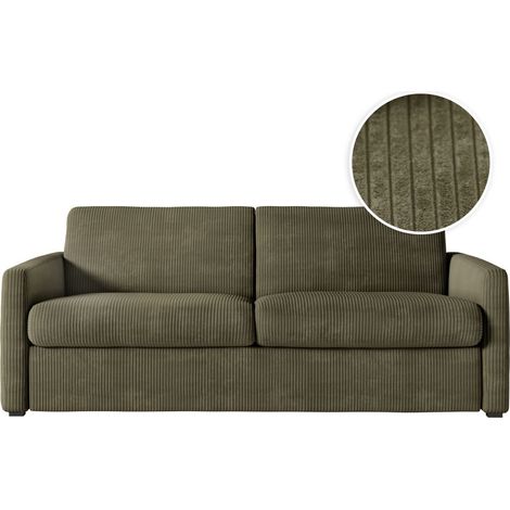 Loungitude – Canapé convertible 3 places express en velours côtelé – Matelas 13cm – Couchage 140x190cm – Vert kaki