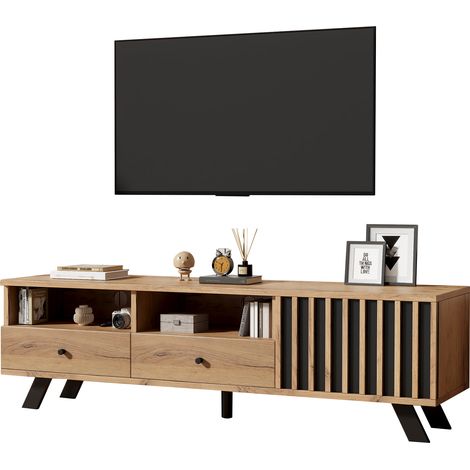 Meuble TV avec 2 Tiroirs, 1 Porte et 2 Niches, pour Salon, en Panneaux de Particules, 150×38×44 cm, Bois Naturel et Noir (1/5)