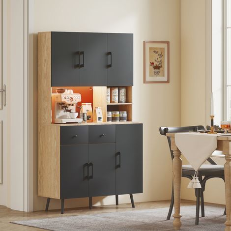 Küchen-Sideboard, hohes Aufbewahrungsmöbel mit RGB-LED-Beleuchtung, Arbeitsplatte, 6 Türen, 2 Schubladen, 100 x 40 x 176 cm, schwarz
