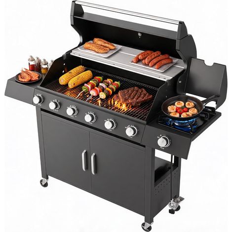 Barbecue gaz 6+1 brûleurs 60000 BTU plancha inox grilles fonte allumage Snap-Jet extérieur (1/5)