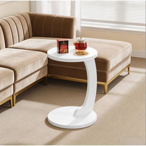 Mesa auxiliar redonda 38x38x55 cm blanca de MDF en forma de C para sofá o cama (1/5)