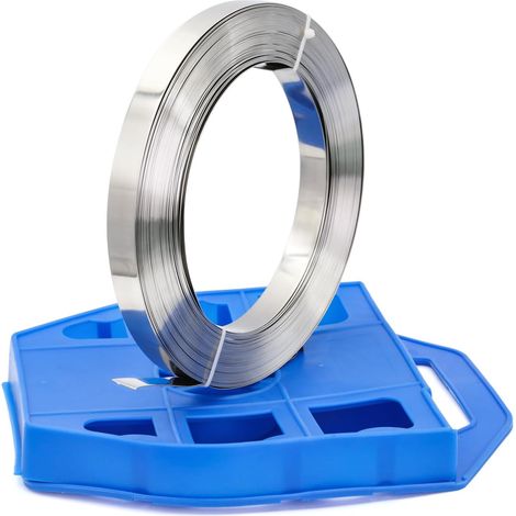 Feuillard Acier en Rouleau - 19 0.76 mm x 30 m - Dévidoir Bleu, 20 x Chapes en Inox Pour Feuillard, Kit de Cerclage en Acier Manuel Pour des Charges Lourdes (1/5)