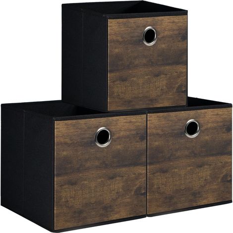 Lot de 3 grands bacs de rangement cubiques avec motif de grain de bois exquis, boîte d'organisation en tissu épais, robuste pour étagère, armoire, maternelle, chambre à coucher, marron avec noir, 32 x (1/5)