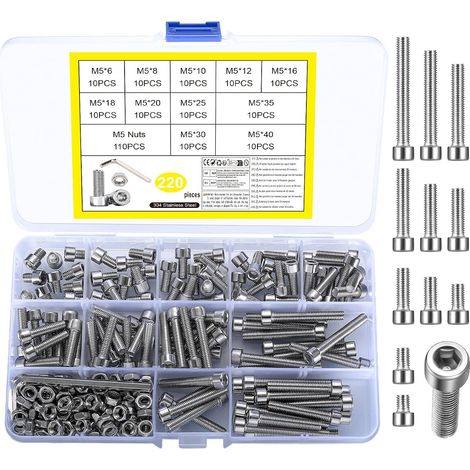 220 pièces vis à tête creuse M5, vis à tête cylindrique, kit en acier inoxydable avec écrous, avec rondelles et 2 clés (1/5)