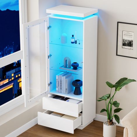 Vitrina 60x40x171 cm con 2 cajones e iluminación LED estantería de pie con puertas de cristal y puertas abatibles blanca
