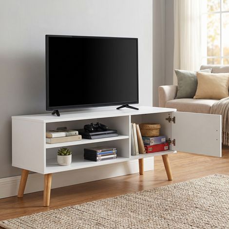 Meuble TV, pour téléviseurs jusqu'à 55 pouces, 120 cm de large Centre de divertissement, blanc (1/5)