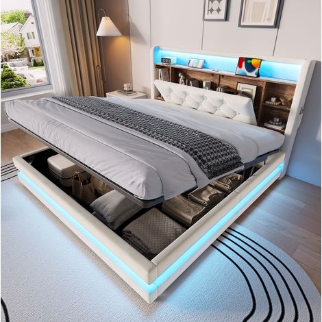 Lit coffre 140x200 cm en velours beige, avec rangement, LED pour chambre, sans matelas FloraGrace (1/5)