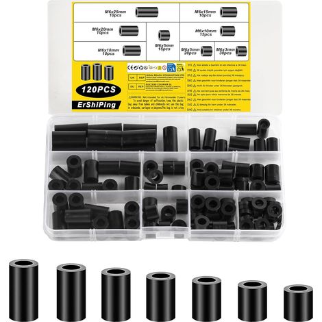 120 Pcs Entretoise Plastique M6,Rondelles Rondes en Nylon Entretoises Manchons, Rondelles d'espacement Rondes, Rondelle Isolantes non Filetées Assortiment pour Vis Circuits Imprimés (1/5)