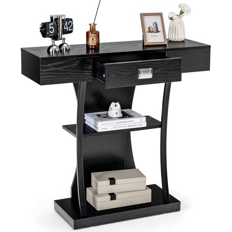 GOPLUS Table de Console 91X30X88 CM Industirelle à 3 Niveaux, Table d’Entrée avec Tiroir & Dispositif Anti-Basculement, Noir (1/5)