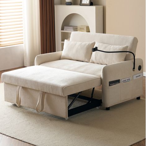 Canapé-lit 2 places 129x76x81 cm beige – dossier réglable, USB, tissu chenille, convertible MEUBLIV (1/5)