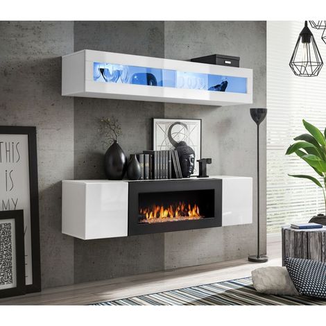 Ensemble mural - FLY N - 1 rangement mural LED - 1 meuble TV - Blanc - Modèle 1 - Livraison gratuite