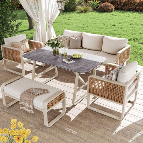 Conjunto de muebles de jardín en PE ratán beige con hierro, 2 sillones, sofá 3 plazas, banco y mesa con cojines lavables (1/5)