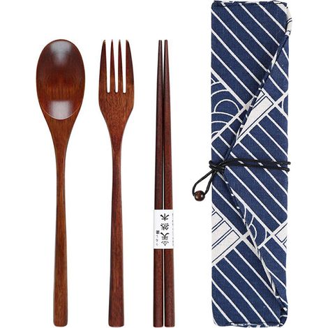 Set Couverts En Bois - Baguettes Cuillère Fourchette - Pour Maison Bureau Extérieur Voyage Camping - 4 Pièces (1/5)