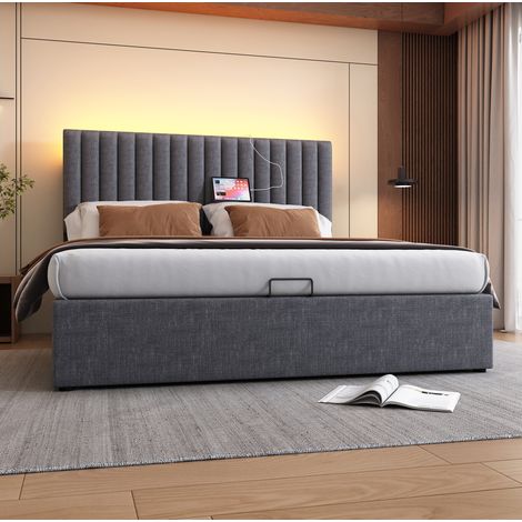 FLORAGRACE Lit coffre 160x200 cm gris en lin, tête de lit LED contrôlée par appli, ports USB et USB-C , sans matelas (1/5)