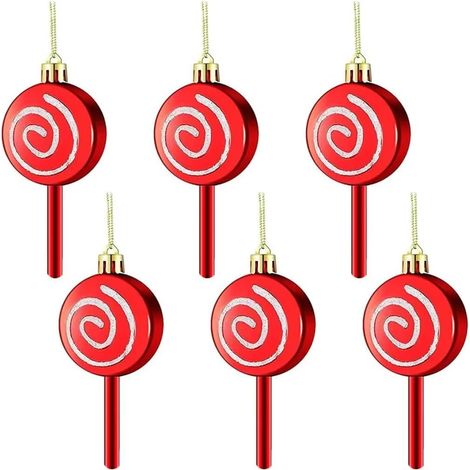 Set mit 6 Süßigkeiten-Anhängern für den Weihnachtsbaum – Lutscher-Weihnachtsbaumschmuck – Funkelnder und lustiger Weihnachtsbaumschmuck (Rot – 10 cm) (1/5)