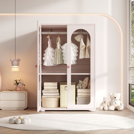 Armoire à 2 portes laquée, armoire de rangement pour chambre, armoire pour enfant, avec tringle à vêtements, portes transparentes en acrylique, poignées en céramique, rose bébé, 80×50×120 cm (1/5)