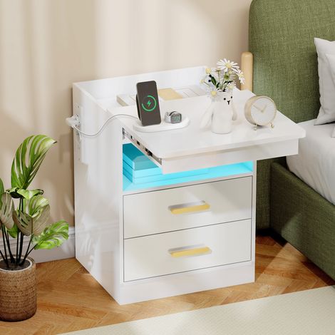 Table de chevet, table de chevet avec chargeur et éclairage LED RGB, brillant blanc (1/5)