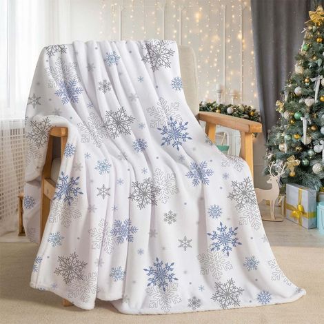 Couverture De Noël - Flocon De Neige Bleu - Imprimé Blanc - Polyester - 130 x 100 cm - Pour Canapé Lit Camping Festival - 1 Pièce (1/5)