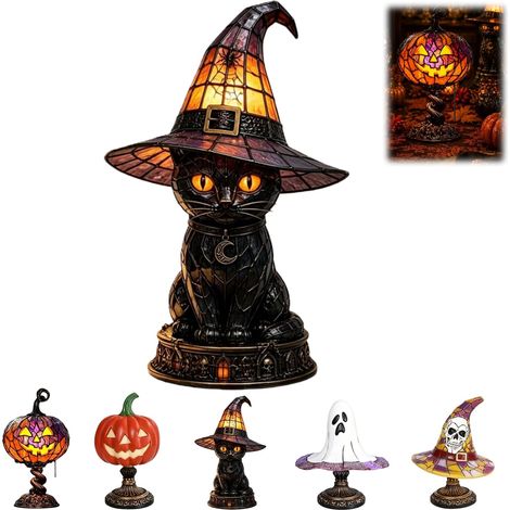 Lampe de table citrouille d'Halloween en verre teinté, style Tiffany, style gothique vintage, en résine, alimentée par USB (L048) (1/5)