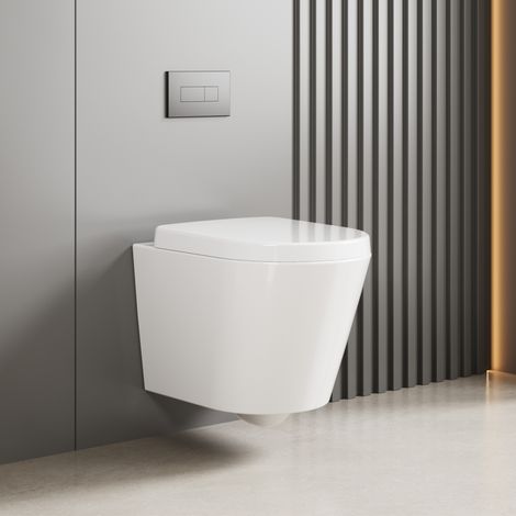 WC suspendu, WC sans rebord - chasse d'eau double trou 360°, WC suspendu, cuvette de WC, chasse d'eau, silencieux, cuvette de WC et abattant de WC avec mécanisme de fermeture amortie, blanc (1/5)