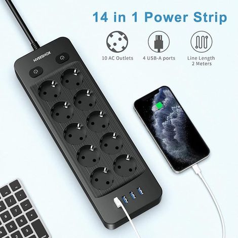 Power Strip 10 Sockets with 4 USB Ports,5M Cable (16A/3680W) (1/2)