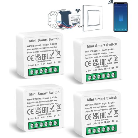 Lot de 4 modules d'interrupteur intelligents, s'adapte derrière les interrupteurs muraux traditionnels, module de relais d'interrupteur Wi-Fi Mini DIY (1/5)