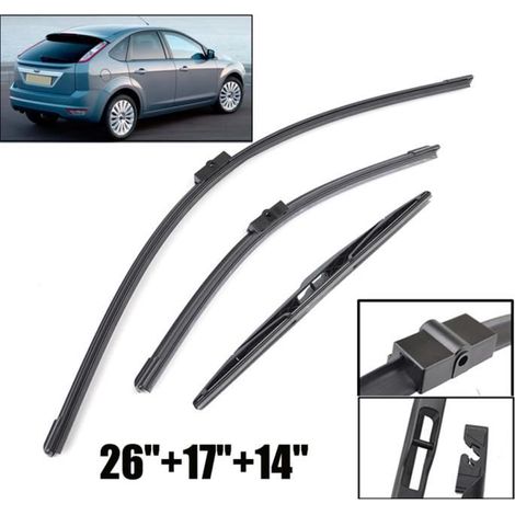 Lot de 3 Balais d'essuie-glace avant + arrière pour Ford Focus MK2 Hayon 2004 2005 2006 2007 2008 2009 2010 2011