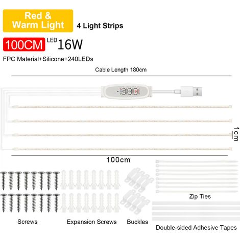 Bandes lumineuses LED pour plantes d'intérieur Rouge et lampe solaire 3000 K Supplément hydroponique pour plantes grasses 4 niveaux d'intensité variable avec cycle de 24 heures Synchronisation intelli (1/5)