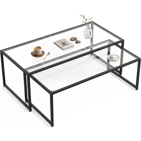 2er-Set Couchtische, Glastische, mit pulverbeschichtetem Stahl, Schwarz + Transparent (1/5)