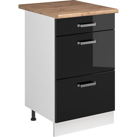Küchenunterschrank R-Line, Schwarz Hochglanz/Weiß, 50 cm Arbeitsplatte Goldkraft Eiche, Vicco (1/5)