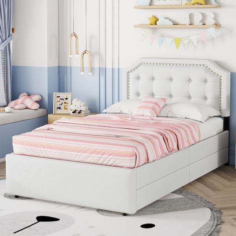 Lit simple 90x200cm Tete de lit rembourree boutons decoratifs Lin et MDF Beige clair (Sans matelas) (1/5)