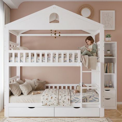Lit superposé enfant 90x200 cm en forme de maison avec échelle, 2 tiroirs de rangement, armoire latérale et garde-corps - Blanc (1/5)