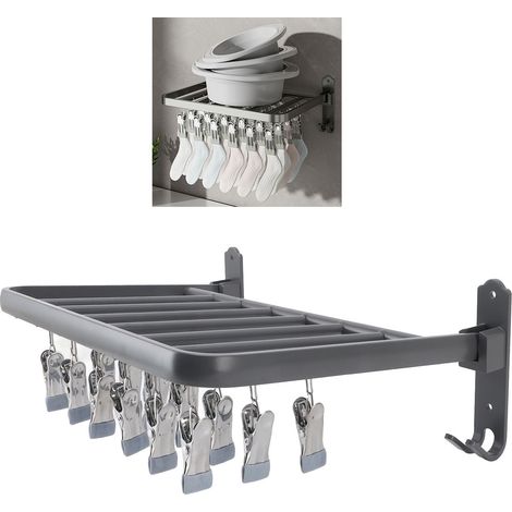 Sock Rack FOLDABLE - Séchoir 90° aluminium imperméable 24 clips, rangement gain de place pour sous-vêtements et linge sur balcon ou machine à laver (1/5)