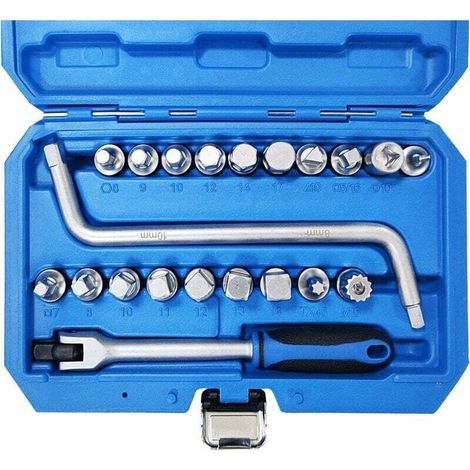 Kit de 21 pièces 3/8 pour bouchon de vidange d'huile avec douille à six pans creux triangle Torx Spline Bit, clé de 8-10mm pour bouchon de vidange d'huile Outil de réparation automobile