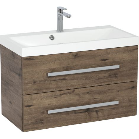 Naturel – Meuble sous vasque simple 80x40 cm CUBE280ZDW – Vasque en marbre moulé blanc – Chêne Wellington – 2 tiroirs extensibles (1/2)
