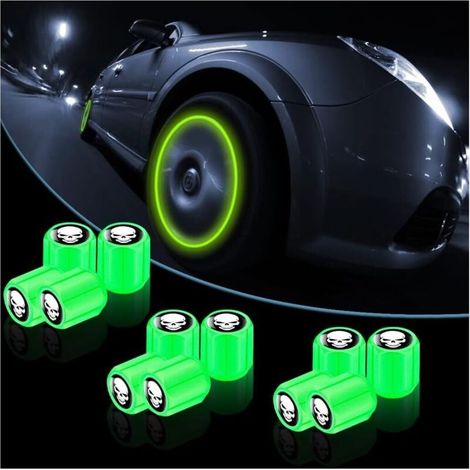 Lot de 12 Bouchons Valve Pneu Voiture, Universel Crâne Couvercle De Tige De Valve Fluorescent, Lumineux De Tige Accessoires De Décoration pour Voiture, Camion, SUV, Motos (Vert) (1/5)