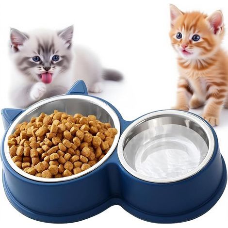 Ensemble de Bols Doubles pour Chats en Acier Inoxydable, Base antidérapante, Lavable au Lave-Vaisselle - pour Aliments secs et humides, Design en Forme de Chat Mignon (Bleu) (1/5)