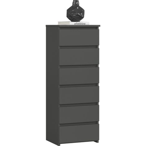 Akord – Commode enfant 6 tiroirs – Panneau stratifié gris graphite – Dimensions 40x35x109 cm – Limiteur d'extension de tiroir