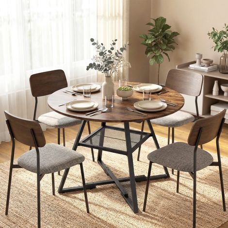 Table de salle à manger 4 places. Ronde, 100 cm. Style industriel. Étagère de rangement. Brun rustique.