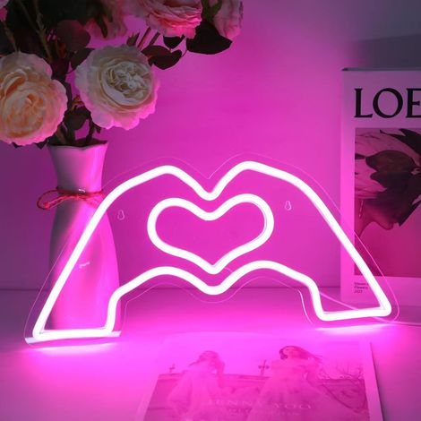 Lampe néon LED décorative motif lèvres, main et cœur, dimensions 40 x 20 cm, décoration murale