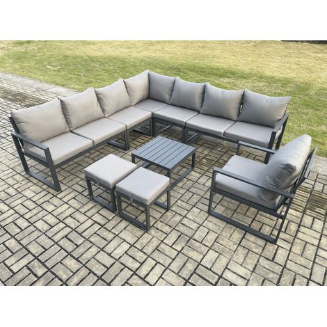 Fimous Aluminium Outdoor Garden Furniture Set Lounge Corner Sofa Chair Square Coffee Table Sets with 2 Small Footstools Dark Grey (1/5)