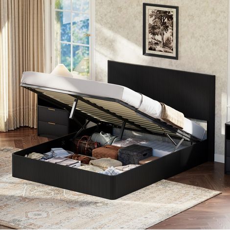Cama 160x200 cm de MDF negro con almacenaje, para dormitorio, sin colchón – MEUBLIV (1/5)