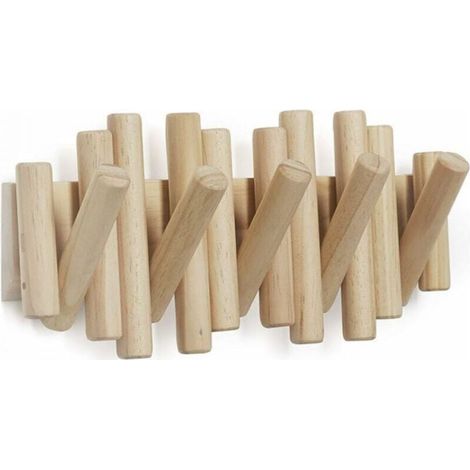 Wandgarderobenhaken mit 5 einziehbaren Holzstiften – Moderner, platzsparender Aufbewahrungsorganizer, Natur (1/5)